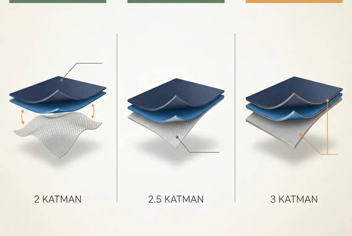 2, 2.5 ve 3 katmanlı yağmurluk kumaşlarının kesit görünümü