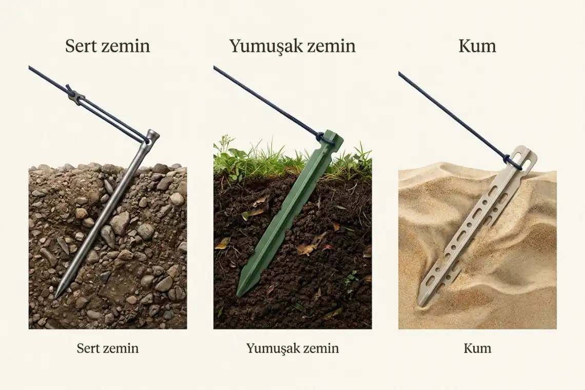 Sert zemin, yumuşak toprak ve kum için farklı çadır kazıklarının karşılaştırması