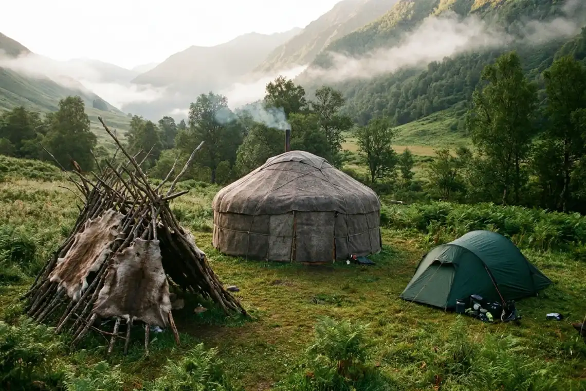 Hayvan derisiyle yapılmış ilkel barınaktan modern trekking çadırına uzanan açık hava sahnesi